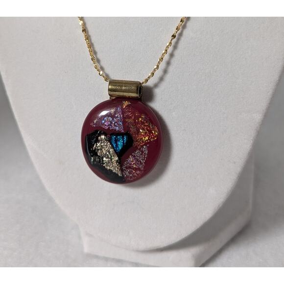 Wine color fused glass pendant and  23"GP chain.Bail is brass Artisan/Handmade - Picture 1 of 7